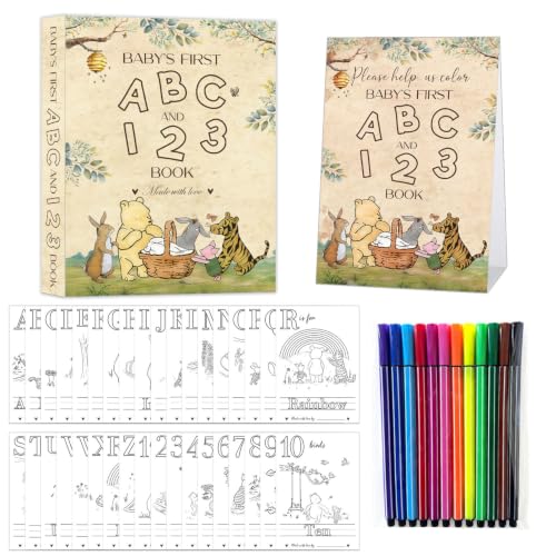 Winnie Baby's First ABC & 123 Book Baby Shower Activity, Pooh Baby Shower Keepsake Game, Bear Alphabet Coloring Guest Book Alternative, Baby’s First Alphabet Coloring Book A-Z 1-10 with 12 Pen
