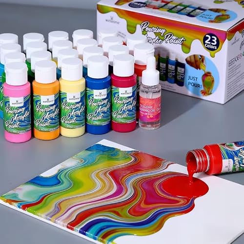 WINSONS 24 Pack Acrylic Pouring Paint,23 Colors Ready-to-pour Acrylic Paint with 1 Silicon Oil, 59ml/2oz Each, Rich Pigment, High Flow Pouring Paint Set for Canvas, Rock, Ceramic, Wood