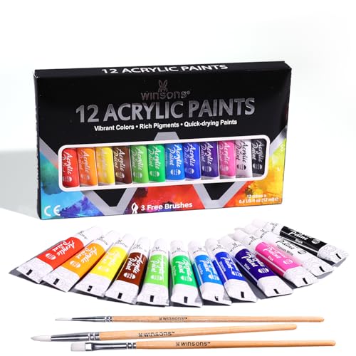 WINSONS Art Acrylic Paint Set, 12 x12ml Tubes Artist Quality Rich Pigments Colors With 3 Brushes Great for Beginners Artists Professional - Painting Canvas, Wood, Rock, Ceramic & Fabric