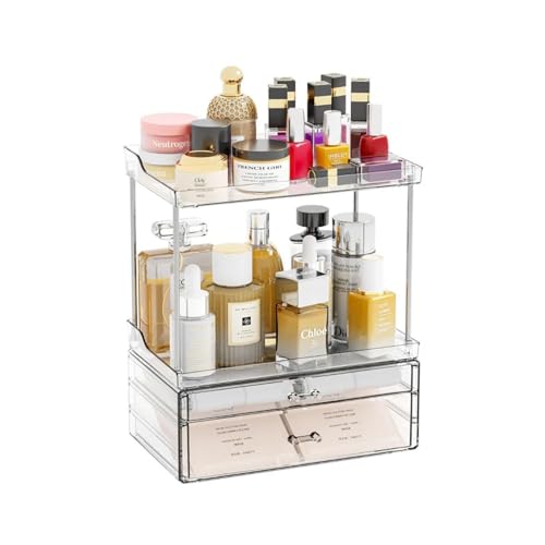 Wintem - Transparent Makeup Organizer with 4 Shelves and 2 Drawers, Space-Saving Makeup Holder for Make Up, Use on Toiletries or Bathrooms, Compact Vertical Design and Spacious