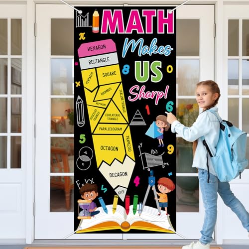 Wiooffen Classroom Welcome Door Cover Math Themed Front Door Porch Sign Back to School Hanging Banner Decoration Math Makes Us Sharp Photo Background Wall Decor for Kindergarten Preschool Elementary