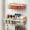 Wire Fruit Basket for Kitchen Storage, 2-Tier Hanging Baskets With Hooks, Screw or Adhesive Hanging Spice Shelf, SUS304Stainless Steel, Space Saving Spice Organizer for Seasonings for Stove,Cabinet