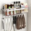 Wire Fruit Basket for Kitchen Storage, 304Stainless Steel Hanging Storage Baskets Organizer Wall Mount, Large Capacity Spice Shelf with 8 hooks, for Kitchen Cabinet, Bathroom, Shower, Home Decor