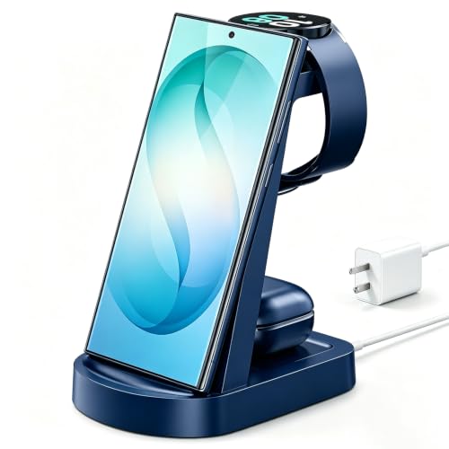 Wireless Charging Station for Samsung/Android, Fast Wireless Watch Charger Station Compatible for Samsung Galaxy S25 Ultra/S24/S23+/Z Flip 7/6 Fold 7/6, Watch8/7/Pro/Active 2 Galaxy Buds3/2 Pro(Blue)