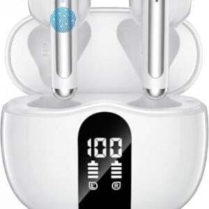 Wireless Earbuds, 2026 Bluetooth 5.4 Headphones Bass Stereo Ear Buds with Noise Cancelling Mic, LED Display in Ear Earphones 50H Playtime Ear Buds, IP7 Waterproof for Laptop Pad Phones Soft White