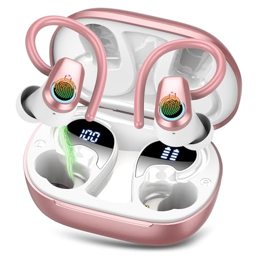 Wireless Earbuds Bluetooth 5.3 Headphones, 50H Sport Ear Buds HiFi Stereo Noise Cancelling Headphones with LED Digital Display, IP7 Waterproof Earphones for Running Workout Gym, USB-C, Rose Gold