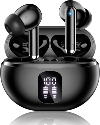 Wireless Earbuds, Bluetooth 5.4 Ear Buds Bass Stereo, Headphones with Noise Cancelling Mic, LED Display in Ear Earphones Clear Calls, IP7 Waterproof Bluetooth Earbuds for Phone/Android/iPad, Black