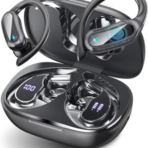 Wireless Earbuds Bluetooth Headphones, 54H Playtime Full Stereo Over Ear Buds with ENC Noise Cancelling, LED Power Display, IPX7 Waterproof Sport Earphones wih Earhooks for Running/Workouts (Black)