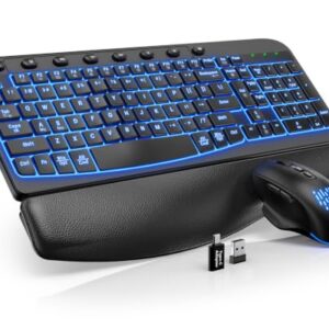 Wireless Keyboard and Mouse Combo Ergonomic - MA12Pro Wave Keyboard with Leather Wrist Rest for Comfortable Typing, RGB Backlit Rechargeable for Windows, PC