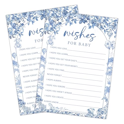 Wishes for Baby, Baby Shower Game, 25 Blue Toile Best Wishes Cards for Babies, Fun Gender Reveal Games for Boy or Girl, Gender Neutral Decorations Supplies-A12
