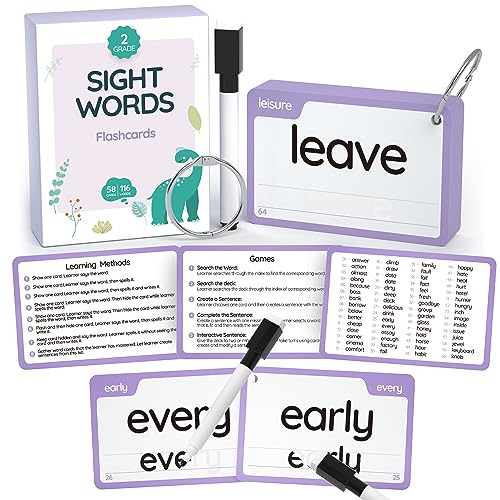 WJPC 58 Cards, 116PCS High Frequency Sight Words Flash Cards (Second-Grade), 1st, 2nd, 3rd Grade, 6,7,8,9 Years Ages Kids Boys Girls Homeschool Phonics Learning Cards to Read, Write.