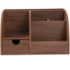 wkao Wooden Desk Organizer with Drawers, 8.7 x 5.5 x 5.1 in / 22 x 14 x 13 cm, Dark Brown Rustic Wood Desk Organizer, 4 Slot Mail Shelf for Home Office, Study Table Stationery Sorting