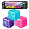 WLVGR 3Pcs Glitter Stress Cubes for Kids Slow Rising Squishy Stress Cube for Adults Stress Balls Squeeze Toys Squishy Fidget Toys Adults Birthday Easter Box Packaging(Pink Purple Blue)