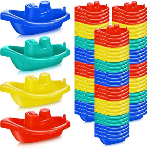 Woanger 100 Pcs Little Boat Bath Toys Stackable Floating Plastic Toys for Baby and Toddler Summer Pool and Bathtub Party, Vibrant, 4 Colors (Colorful)