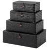 Woanger Set of 4 Wicker Baskets with Lids, Nautral Seagrass Storage Baskets, Woven Rectangular Basket Bins, Rattan Storage Organizer for Shelf Closet Bedroom(Black)