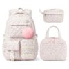 WOBAGMEN 3Pcs Quilted Backpack Bundle, Floral Aesthetic Daily Carry Backpack With Insulated Thermal Tote & Multi-Use Storage Pouch, Matching Stylish Bag Set For University Daily (Pink Floral)