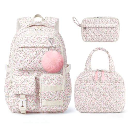 WOBAGMEN 3Pcs Quilted Backpack Bundle, Floral Aesthetic Daily Carry Backpack With Insulated Thermal Tote & Multi-Use Storage Pouch, Matching Stylish Bag Set For University Daily (Pink Floral)