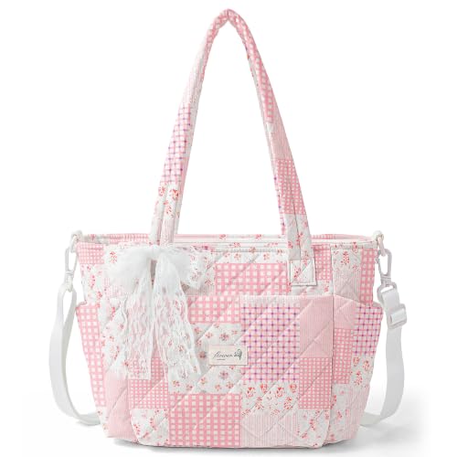 WOBAGMEN Quilted Lunch Box for Women,Insulated Lunch Tote Bag for Women for Work, Coquette Large Capacity Lunch Tote with Shoulder Straps, Elegant Lunch Purse (Pink Patchwork, M)