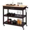 WODHAZNC Wooden Kitchen Cart with Storage Shelves and Drawer Multi-Purpose Rolling Furniture
