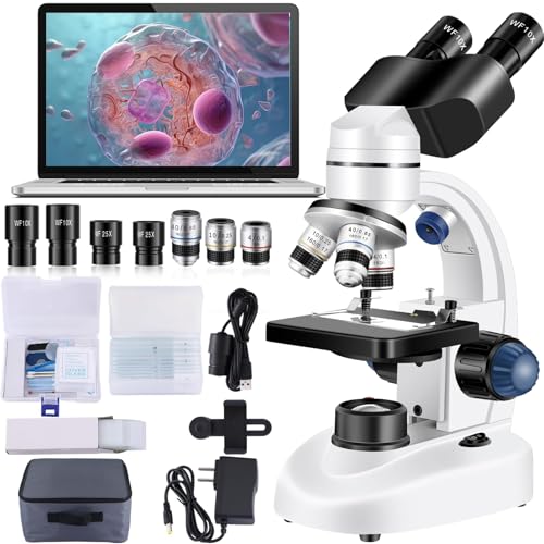 Woehrsh Microscope for Adults WF10x and WF25x eyepieces, 40X-2000X Magnification USB Camera, Microscope for Adults Suitable for Laboratory School Home Education(White Microscope)