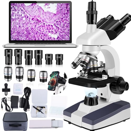 Woehrsh Trinocular Microscope 40X-5000X Magnification Microscope for Adults Laboratory Grade with Dual Mechanical Stage and HD USB Camera