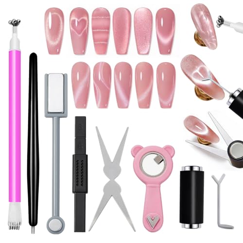 WOKOTO 8PCS Complete Cat Eye Nail Magnet Tool Set, Cute Bear Dual-End Magnet Pen, Multi-Function Nail Magnets with Y-Shape Heart & X-Shape French Mold Plates for DIY Magnetic Gel Nail Art