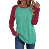 Women Block Color Long Sleeve Shirts Crewneck Baggy Casual Blouses Fashion Stretchy Loose Comfy Home T-Shirts Mint Green