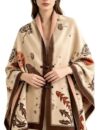 Women Chinese Floral Reversible Shawl Wraps Oversize Poncho Cape Buttons