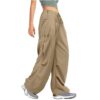 Womens Cargo Pants Straight Leg Elastic Waist Casual Streetwear Khaki