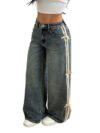 Women's Colorblock Striped Low Waist Wide Leg Jeans,Winter Wash Denim