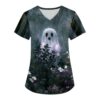 Womens Halloween Scrub Top Cat Pumpkin Ghost Print V Neck with Pockets 5XL