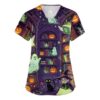 Womens Halloween Scrub Top V Neck Pumpkin Nurse Work Shirt(Green 5X-Large)