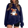 Womens Halloween Sweatshirt 2026 Cute Fall Fleece Oversized Crewneck Ghost Graphic Tops Long Sleeve Funny Pullover（Navy-4,Medium）