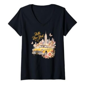 Women's Hello New York Taxi and Skyline Watercolor Graphic Design V-Neck T-Shirt