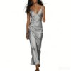 Women Spring Summer Chic Solid Satin Bohemian Sexy Deep V Neck Silky Slip Sleeveless Beach Vacation Maxi Dress Gray S