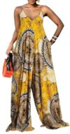 Women's Summer Loose Fit V-Neck Spaghetti Strap Jumpsuit Wide Leg Pants