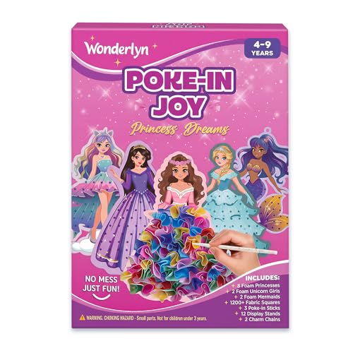 Wonderlyn Princess Craft Kit for Girls, Poke Style Mess-Free Paper Arts and Crafts for Kids Ages 4-9 - Creative Activity Kit, 12 Characters with Unicorn & Mermaid, Poke-in Joy, Birthday Gift