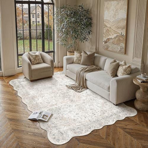 WondRg 5x7 Washable Vintage Area Rug for Living Room Bedroom Beige Grey Soft Non Slip Large Throw Rug Lightweight Scalloped Low Pile Distressed Carpet Laundry Dining Room Kitchen Office Classroom