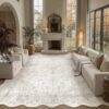 WondRg 9x12 Washable Vintage Area Rug for Living Room Bedroom Beige Grey Soft Non Slip Large Throw Rug Lightweight Scalloped Low Pile Distressed Carpet Office Playroom Dining Room Classroom