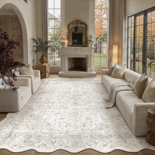 WondRg 9x12 Washable Vintage Area Rug for Living Room Bedroom Beige Grey Soft Non Slip Large Throw Rug Lightweight Scalloped Low Pile Distressed Carpet Office Playroom Dining Room Classroom