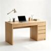 Wood Computer Desk with 3 Drawers, 47 Inch Modern Simple Writing Desk, Light Oak Study Workstation Table, Minimalist Home Office Desk for Bedroom Small Space