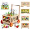 Wooden Activity Cube 7-in-1 Montessori Toy Multipurpose Educational Learning Toy for 1+ Year Old Baby Toddler Kid Boy First Birthday Gift Bead Maze Gear Number Animal Board Carrots Harvest Game
