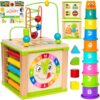 Wooden Activity Cube for Baby, Montessori Toys for 1 Year Old, Baby Toys 1 Year Old, Toys for 1+ Year Old Girl - Wooden Activity Center with Bead Maze Toy, Baby Stacking Cups, Book, in Pink Gift Box