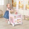 Wooden Activity Walker with Dessert Sorter, Adjustable Clock, Sliding Maze, and Role-Play Shop Window for Early Learning Exploration