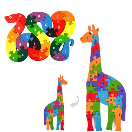 Wooden Alphabet and Numbers Animal Puzzles Bundle, Double Sided Snake and Giraffe Jigsaw Set for Toddlers, Montessori Educational Toy for Kids Preschool Learning Gift