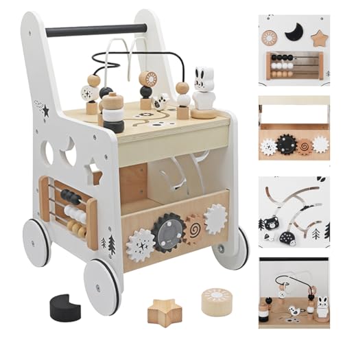 Wooden Baby Walker Activity Cubes,Baby Push Walker Toy for Toddler, 5in1 Montessori Learning&Educational Toys for 1+ Year Old Boy Girl | Sorting&Stacking | Bead Mazes and Counting Toys