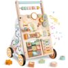 Wooden Baby Walker with Wheels, Push Walker with Baby Activity Center, Montessori Walking Toy for Girls Boys, Adjustable Speed & Height Activity Toy for Toddler Learning to Walk 12+ Months (Natural)