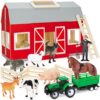 Wooden Barn Toys for Toddlers Ages 3 4 5, Farm Animals Toys for Boys Girls