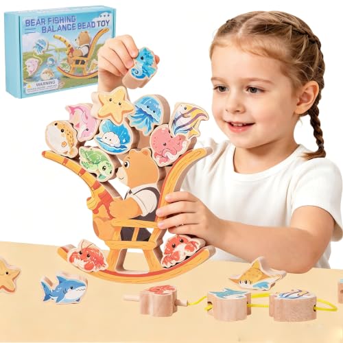 Wooden Bear Fishing Toy, Balance Sorting&Stacking, Lacing Beads,Educational Learning Montessori Fine Motor Skills Wooden Toy for Baby6-12 Months,Toddlers1-3,&Kids Ages 3+,Craft Gift for Boys &Girls.