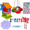 Wooden Bird House Painting Kit for Little Ones, DIY Bird House Set with Windmill Birdhouse 7.87 in / 20 cm and Flower Feeder, 12 Paints, 2 Brushes, Diamond Stickers, Bird Wind Chime, Gift Box